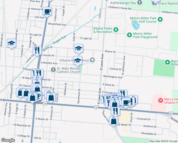map of restaurants, bars, coffee shops, grocery stores, and more near 500 Washington Avenue in Urbana