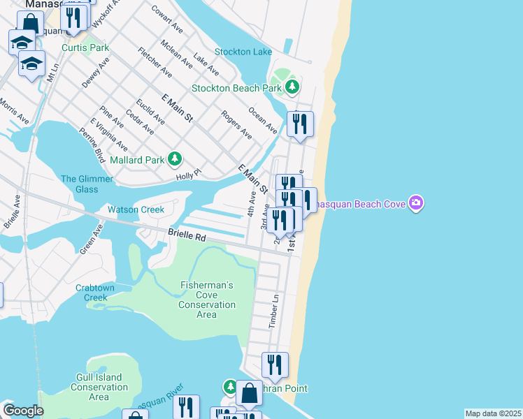 map of restaurants, bars, coffee shops, grocery stores, and more near 180 3rd Avenue in Manasquan