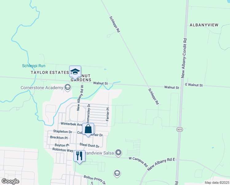 map of restaurants, bars, coffee shops, grocery stores, and more near 6276 Upper Albany Court in New Albany