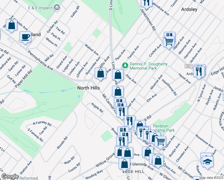 map of restaurants, bars, coffee shops, grocery stores, and more near 126 Cricket Avenue in Glenside
