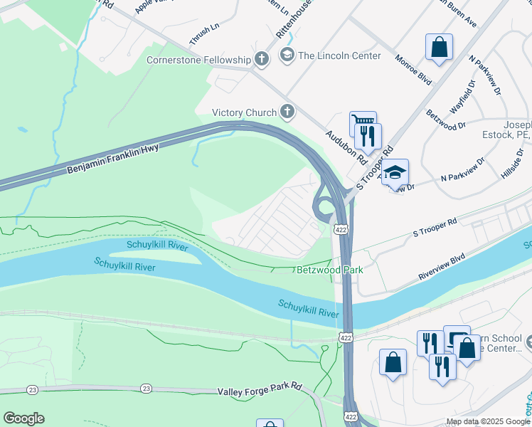 map of restaurants, bars, coffee shops, grocery stores, and more near 120 Valley Lane in Norristown