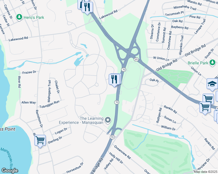 map of restaurants, bars, coffee shops, grocery stores, and more near 2578 Collier Road in Manasquan