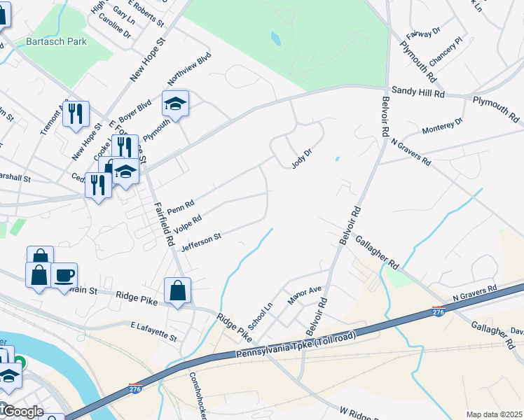 map of restaurants, bars, coffee shops, grocery stores, and more near 501 Jefferson Street in Plymouth Meeting