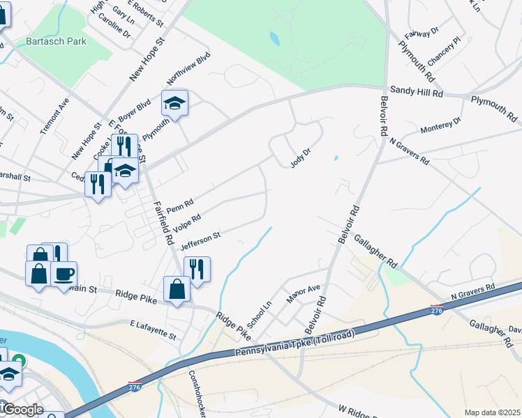 map of restaurants, bars, coffee shops, grocery stores, and more near 501 Jefferson Street in Plymouth Meeting