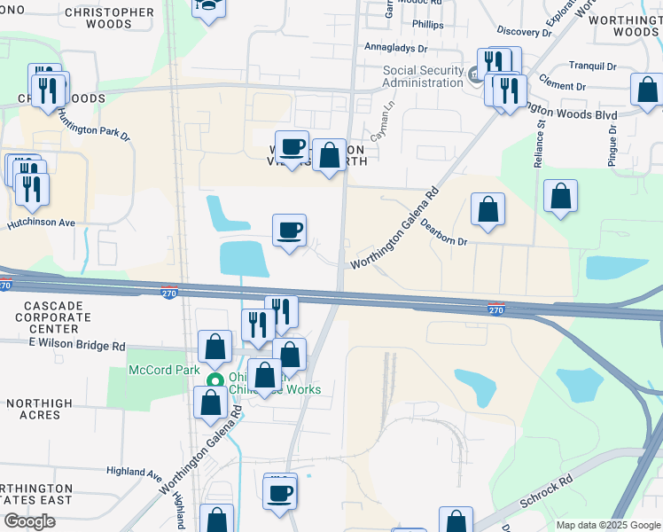 map of restaurants, bars, coffee shops, grocery stores, and more near 750 Lakeview Plaza Boulevard in Worthington
