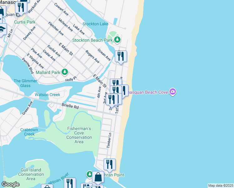 map of restaurants, bars, coffee shops, grocery stores, and more near 167 1st Avenue in Manasquan