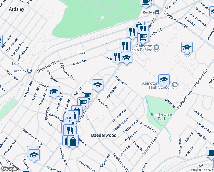 map of restaurants, bars, coffee shops, grocery stores, and more near 707 North Easton Road in Glenside