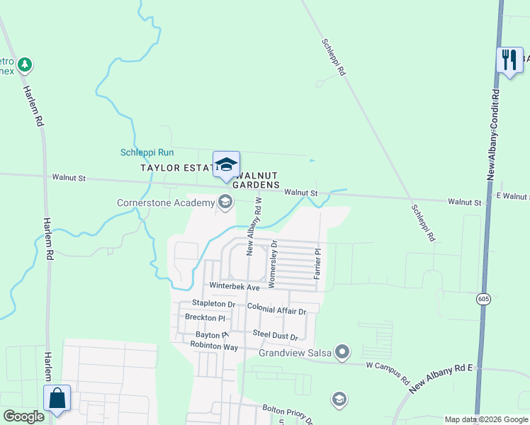 map of restaurants, bars, coffee shops, grocery stores, and more near 6309 New Albany Road West in New Albany