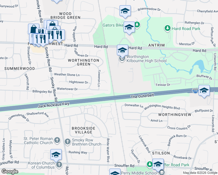 map of restaurants, bars, coffee shops, grocery stores, and more near 1564 Grayling Court in Columbus