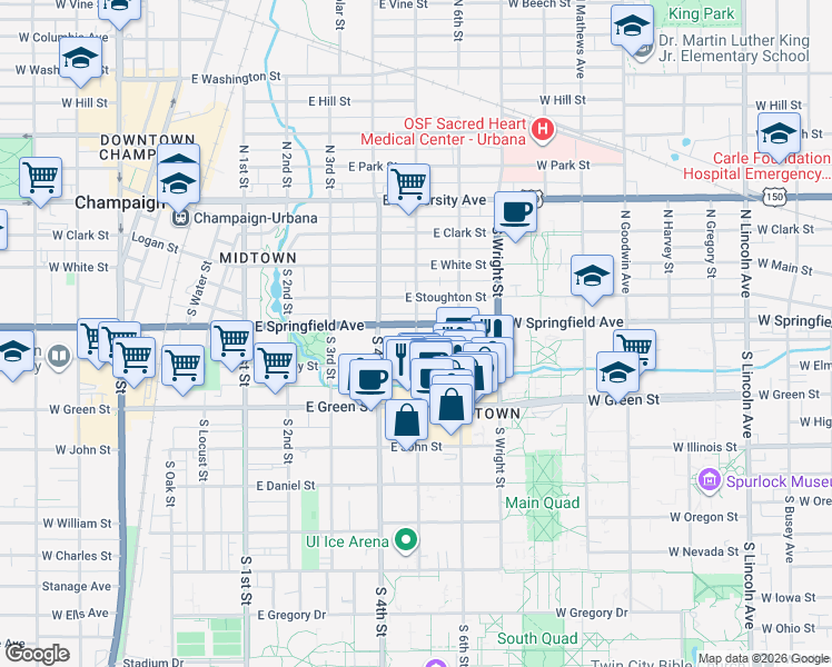 map of restaurants, bars, coffee shops, grocery stores, and more near in Champaign