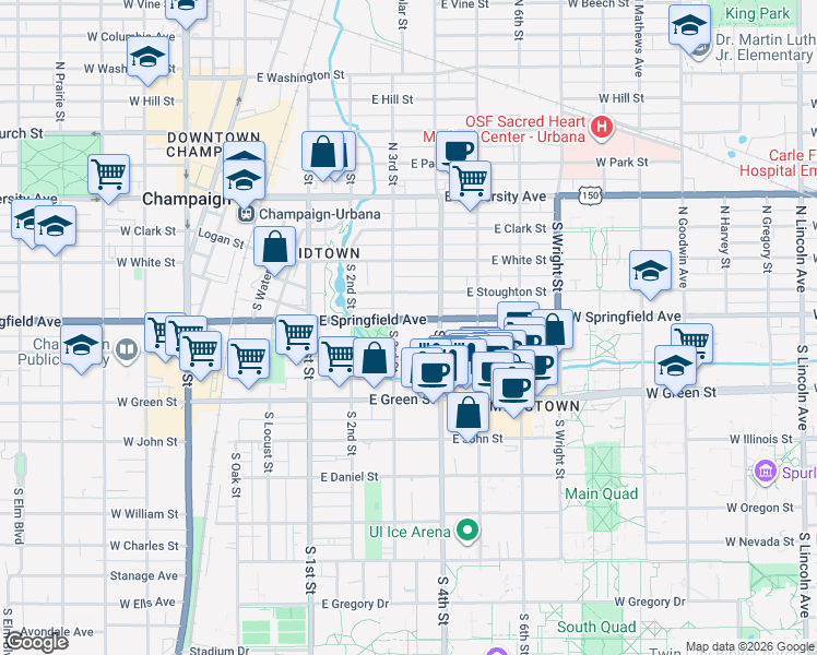 map of restaurants, bars, coffee shops, grocery stores, and more near 310 East Springfield Avenue in Champaign