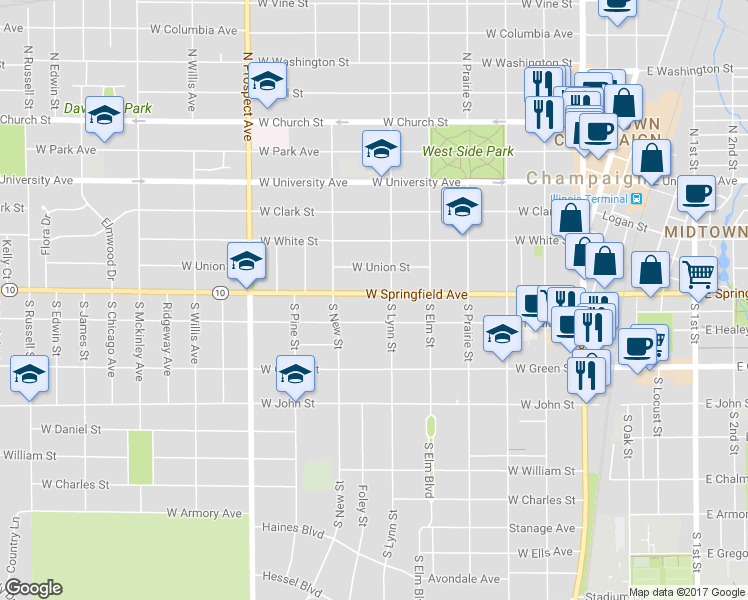 map of restaurants, bars, coffee shops, grocery stores, and more near 606 West Springfield Avenue in Champaign