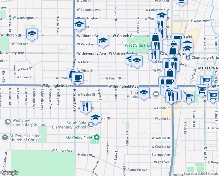 map of restaurants, bars, coffee shops, grocery stores, and more near 606 West Springfield Avenue in Champaign