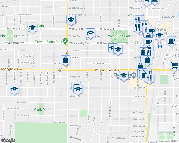 map of restaurants, bars, coffee shops, grocery stores, and more near 618 West Springfield Avenue in Champaign