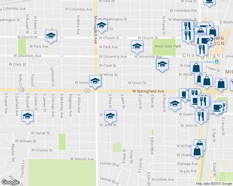 map of restaurants, bars, coffee shops, grocery stores, and more near 802 West Springfield Avenue in Champaign