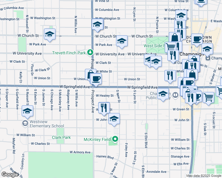 map of restaurants, bars, coffee shops, grocery stores, and more near 802 West Springfield Avenue in Champaign