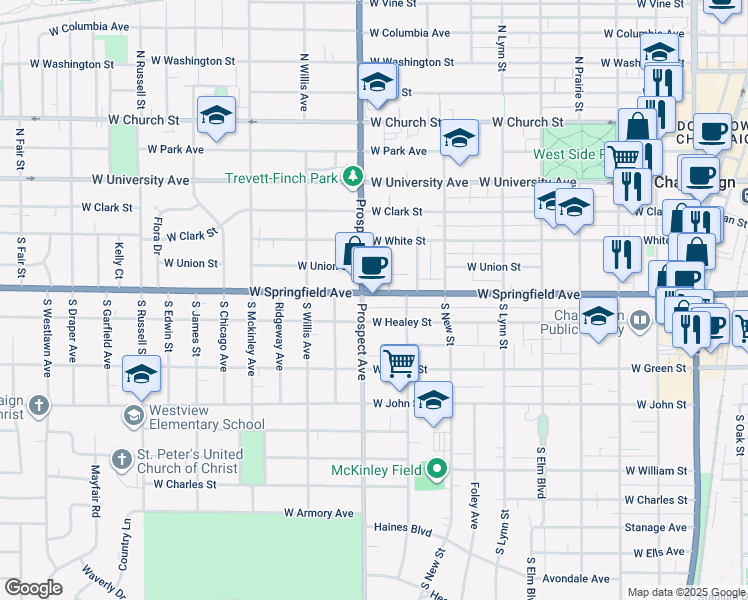 map of restaurants, bars, coffee shops, grocery stores, and more near 811 West Springfield Avenue in Champaign