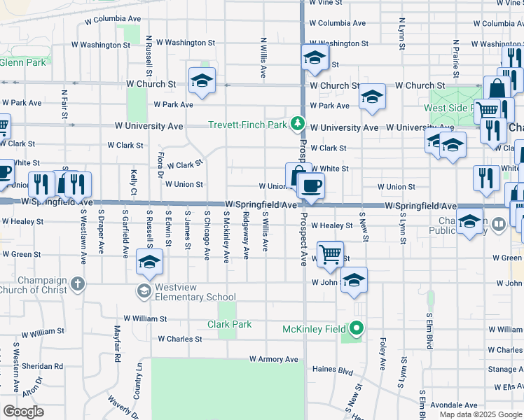 map of restaurants, bars, coffee shops, grocery stores, and more near 918 West Springfield Avenue in Champaign