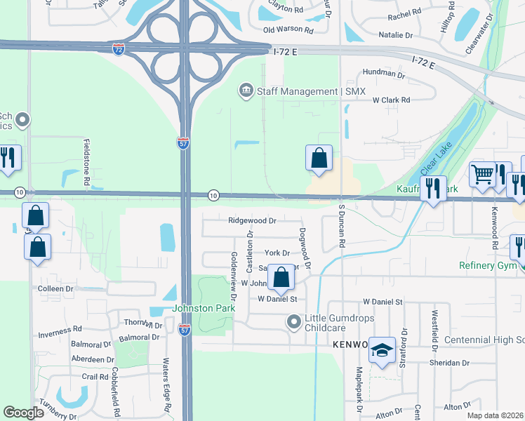 map of restaurants, bars, coffee shops, grocery stores, and more near 3302-3646 West Springfield Avenue in Champaign