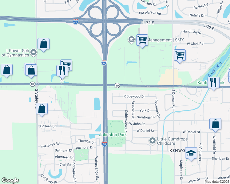 map of restaurants, bars, coffee shops, grocery stores, and more near 3336 Ridgewood Drive in Champaign