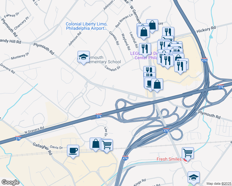 map of restaurants, bars, coffee shops, grocery stores, and more near 401 Plymouth Road in Plymouth Meeting