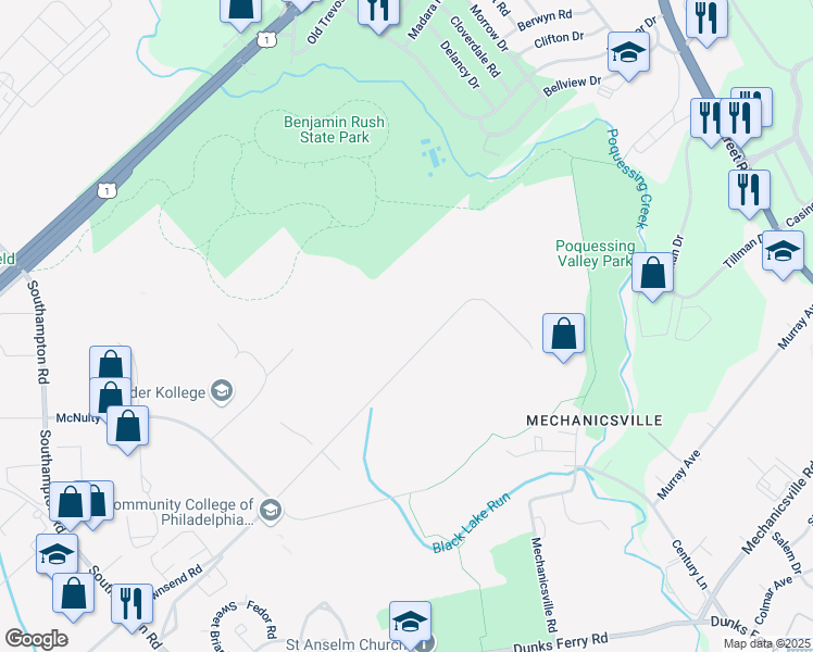 map of restaurants, bars, coffee shops, grocery stores, and more near 14300 Townsend Road in Philadelphia