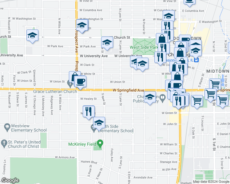 map of restaurants, bars, coffee shops, grocery stores, and more near 605 West Springfield Avenue in Champaign