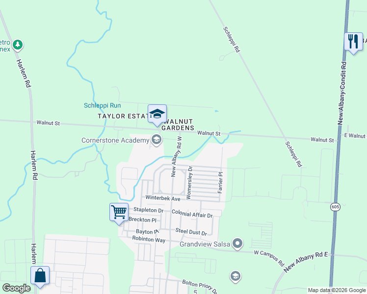 map of restaurants, bars, coffee shops, grocery stores, and more near 6309 New Albany Road West in New Albany