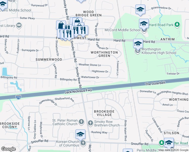 map of restaurants, bars, coffee shops, grocery stores, and more near 1791 Hightower Drive in Columbus