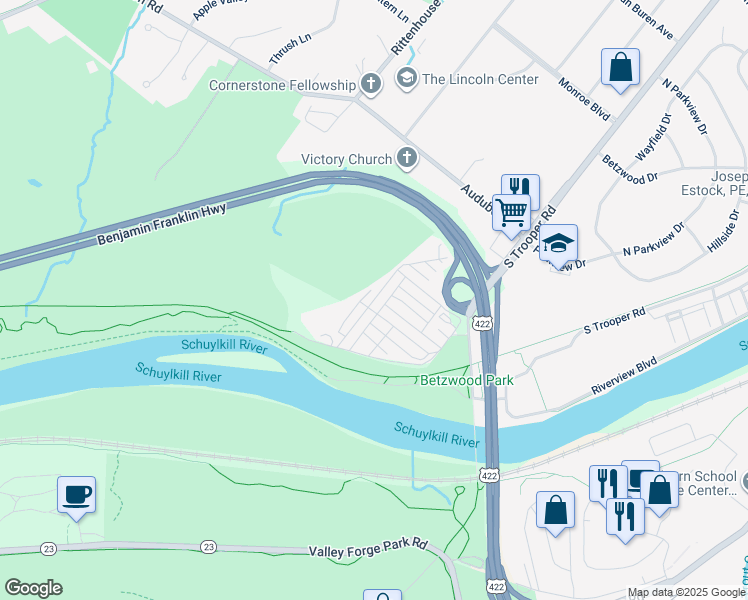 map of restaurants, bars, coffee shops, grocery stores, and more near 120 Valley Lane in Norristown