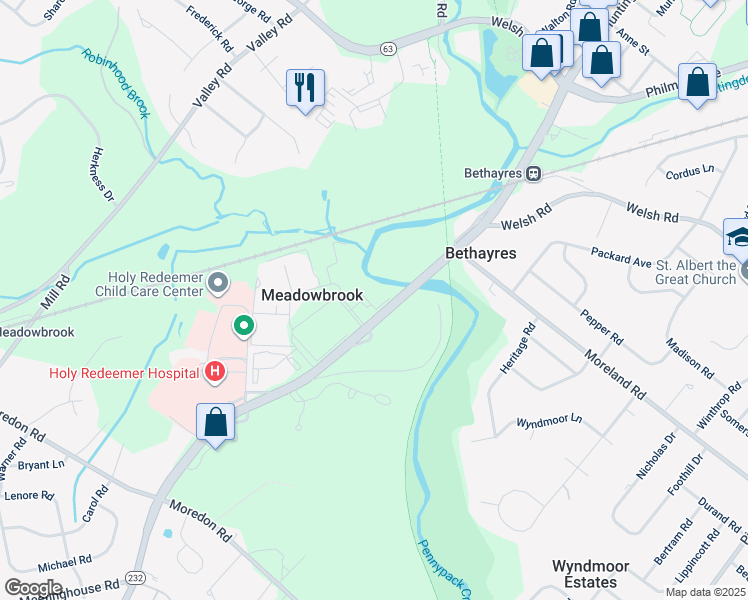 map of restaurants, bars, coffee shops, grocery stores, and more near 145 Meadowbrook Drive in Montgomery County