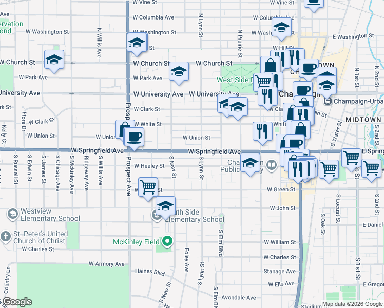 map of restaurants, bars, coffee shops, grocery stores, and more near 606 West Springfield Avenue in Champaign