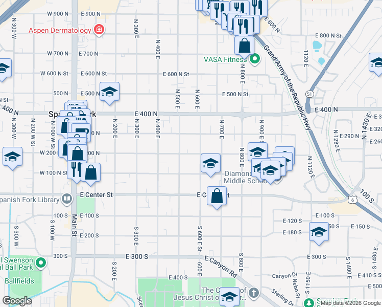 map of restaurants, bars, coffee shops, grocery stores, and more near 561 East 200 North in Spanish Fork