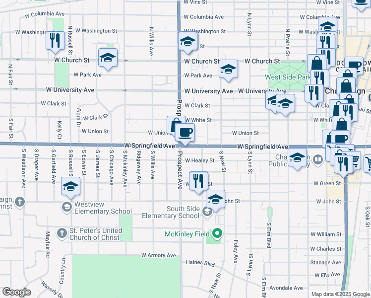 map of restaurants, bars, coffee shops, grocery stores, and more near 811 West Springfield Avenue in Champaign