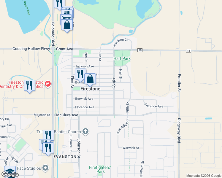 map of restaurants, bars, coffee shops, grocery stores, and more near 354 Buchanan Avenue in Firestone