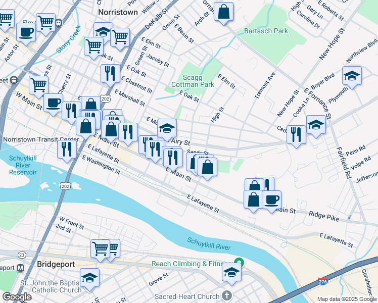 map of restaurants, bars, coffee shops, grocery stores, and more near 301 Violet Street in Norristown
