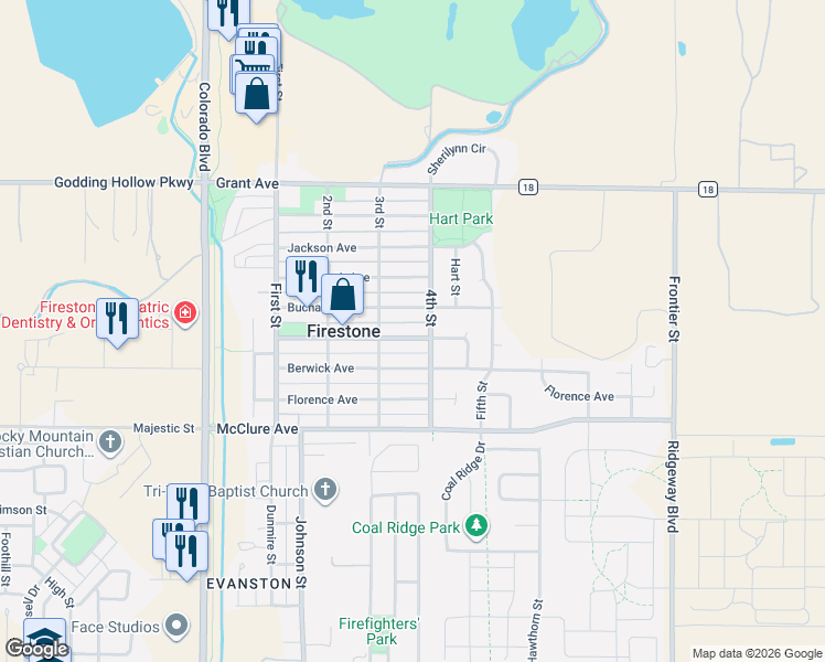 map of restaurants, bars, coffee shops, grocery stores, and more near 354 Buchanan Avenue in Firestone