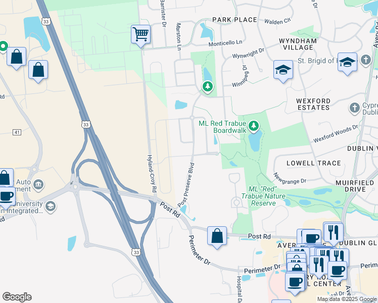 map of restaurants, bars, coffee shops, grocery stores, and more near 7005 Post Preserve Boulevard in Dublin