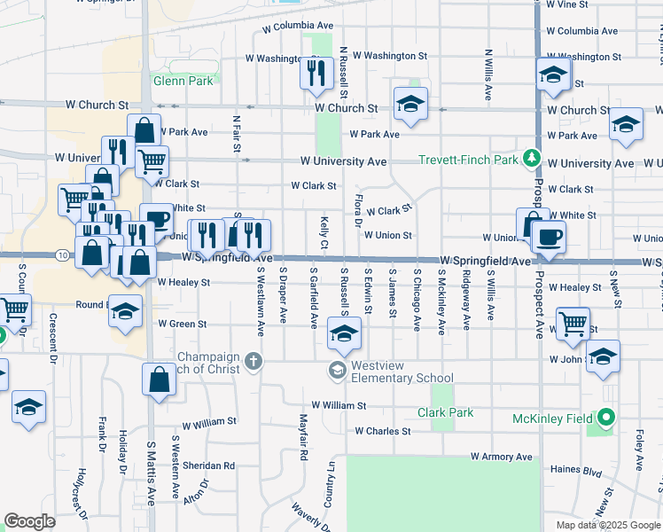 map of restaurants, bars, coffee shops, grocery stores, and more near 319 South Russell Street in Champaign