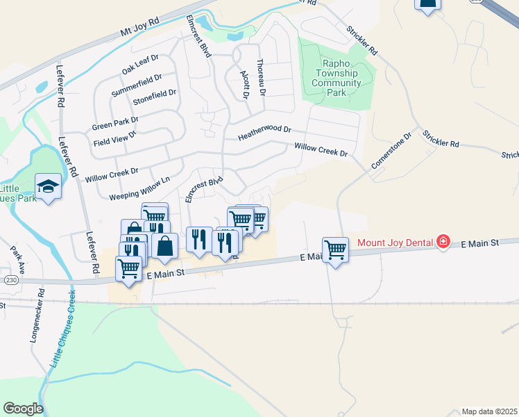 map of restaurants, bars, coffee shops, grocery stores, and more near in Mount Joy