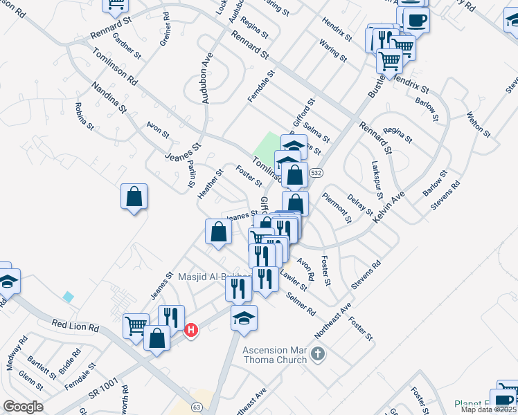 map of restaurants, bars, coffee shops, grocery stores, and more near 10802 Gifford Avenue in Philadelphia