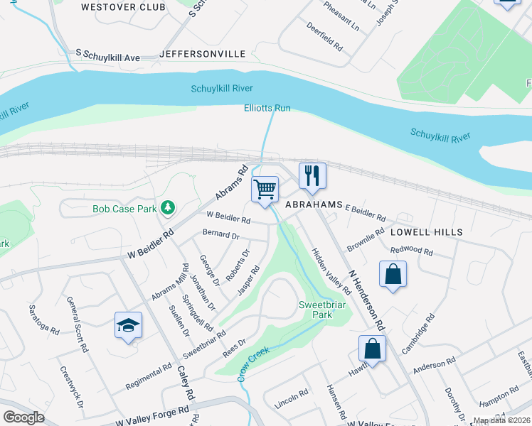 map of restaurants, bars, coffee shops, grocery stores, and more near 216 West Beidler Road in King of Prussia