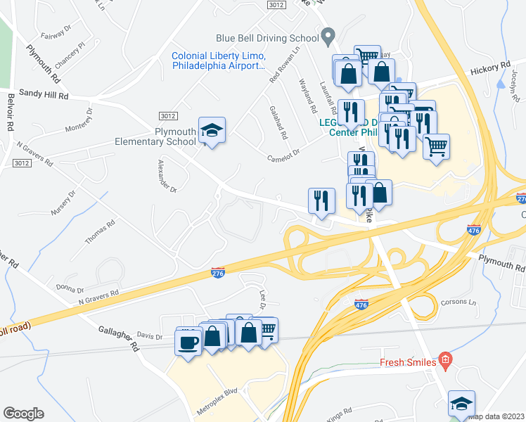 map of restaurants, bars, coffee shops, grocery stores, and more near 479 Plymouth Road in Plymouth Meeting