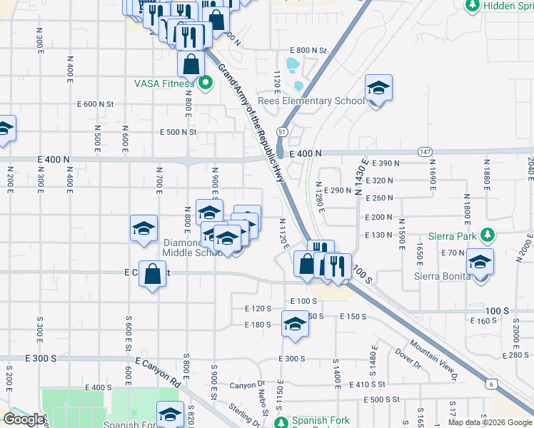 map of restaurants, bars, coffee shops, grocery stores, and more near 212 North 1070 East in Spanish Fork