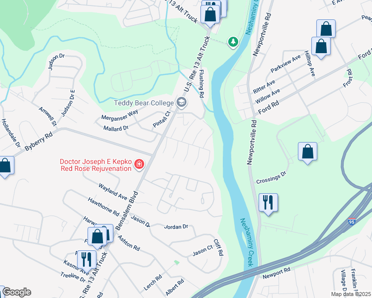 map of restaurants, bars, coffee shops, grocery stores, and more near 5216 Leeward Road in Bensalem