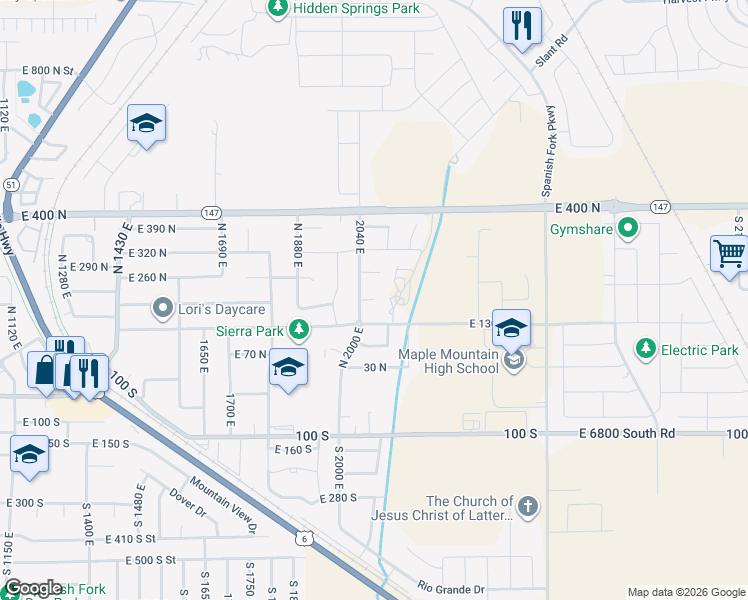 map of restaurants, bars, coffee shops, grocery stores, and more near 2163 East 200 North in Spanish Fork