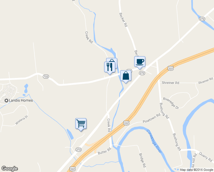 map of restaurants, bars, coffee shops, grocery stores, and more near 1217 Creek Road in Lititz