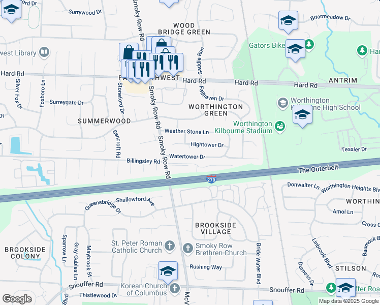 map of restaurants, bars, coffee shops, grocery stores, and more near 1791 Hightower Drive in Columbus