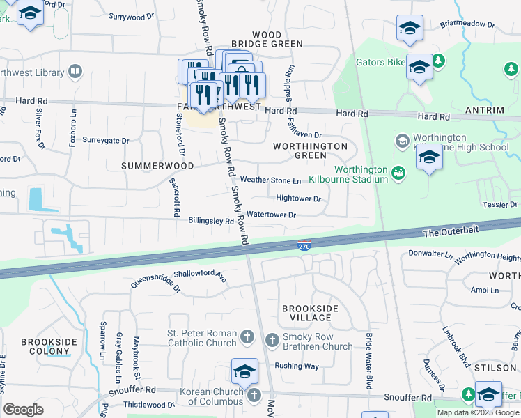 map of restaurants, bars, coffee shops, grocery stores, and more near 1791 Hightower Drive in Columbus