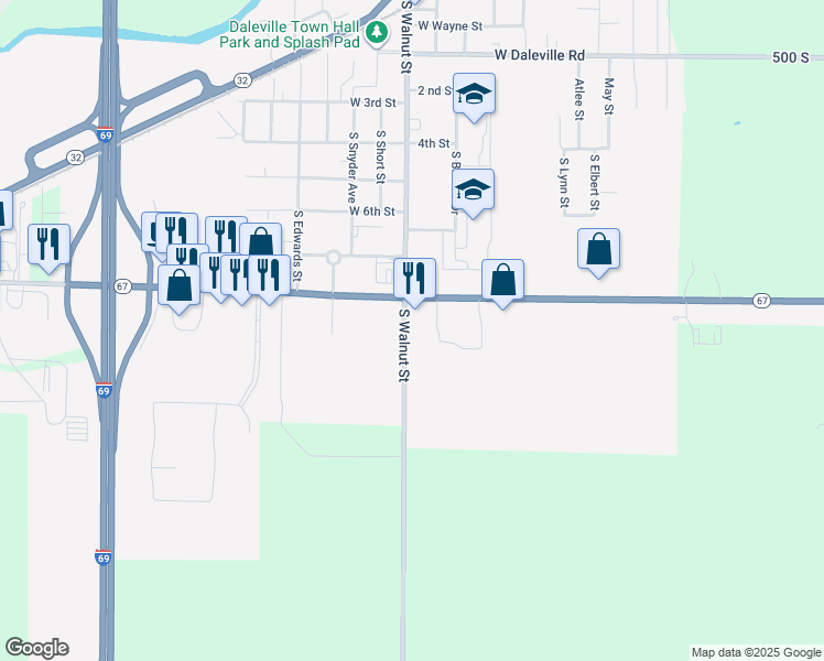 map of restaurants, bars, coffee shops, grocery stores, and more near 8922 S County Road 900 West in Daleville